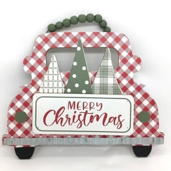 Merry Christmas Wood Wall Decor Red Plaid - Picture 1 of 7